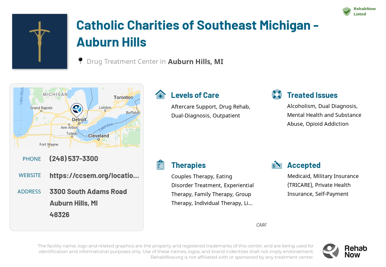 Helpful reference information for Catholic Charities of Southeast Michigan - Auburn Hills, a drug treatment center in Michigan located at: 3300 South Adams Road, Auburn Hills, MI, 48326, including phone numbers, official website, and more. Listed briefly is an overview of Levels of Care, Therapies Offered, Issues Treated, and accepted forms of Payment Methods.