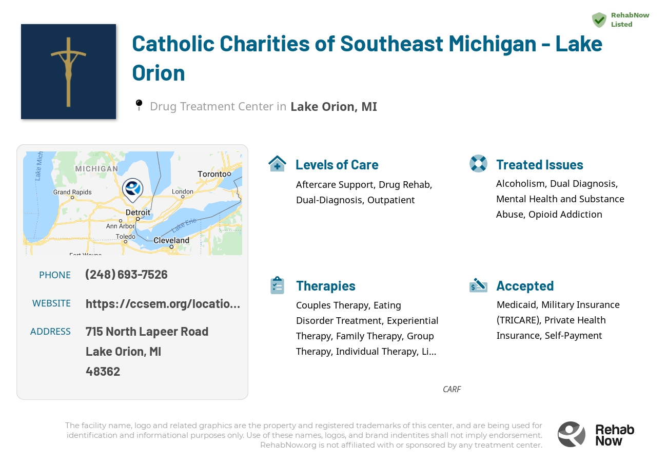 Helpful reference information for Catholic Charities of Southeast Michigan - Lake Orion, a drug treatment center in Michigan located at: 715 North Lapeer Road, Lake Orion, MI, 48362, including phone numbers, official website, and more. Listed briefly is an overview of Levels of Care, Therapies Offered, Issues Treated, and accepted forms of Payment Methods.