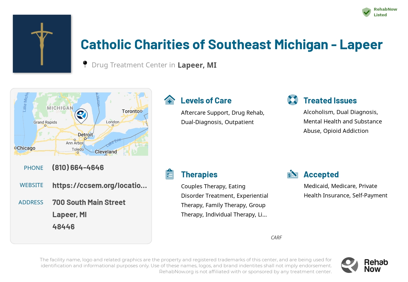 Helpful reference information for Catholic Charities of Southeast Michigan - Lapeer, a drug treatment center in Michigan located at: 700 South Main Street, Lapeer, MI, 48446, including phone numbers, official website, and more. Listed briefly is an overview of Levels of Care, Therapies Offered, Issues Treated, and accepted forms of Payment Methods.