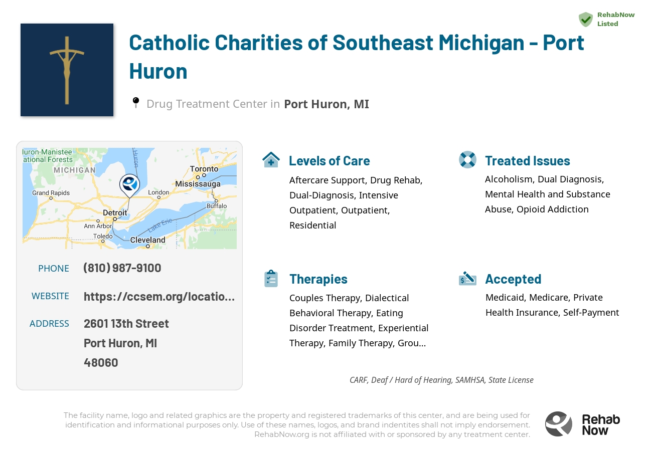 Helpful reference information for Catholic Charities of Southeast Michigan - Port Huron, a drug treatment center in Michigan located at: 2601 13th Street, Port Huron, MI, 48060, including phone numbers, official website, and more. Listed briefly is an overview of Levels of Care, Therapies Offered, Issues Treated, and accepted forms of Payment Methods.