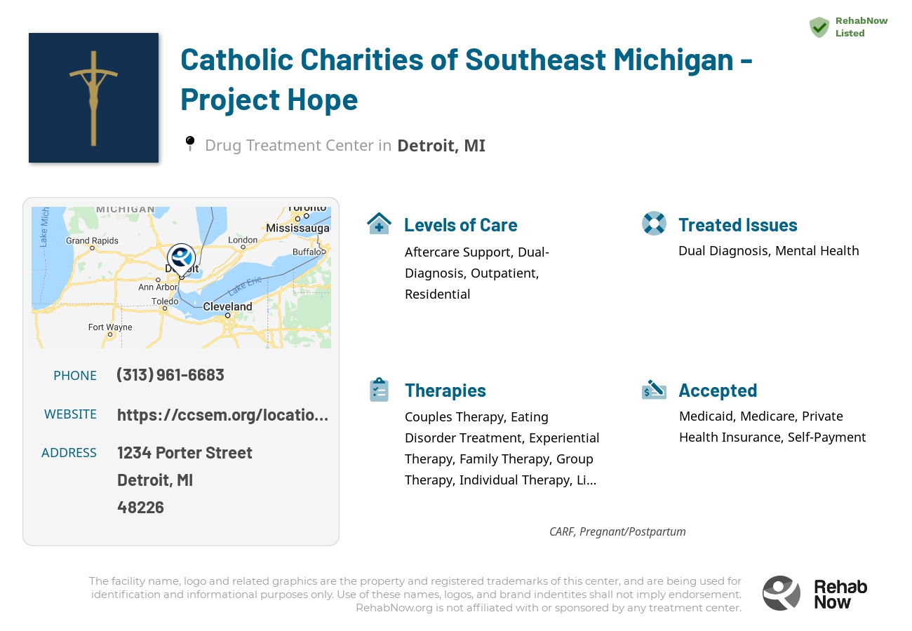 Helpful reference information for Catholic Charities of Southeast Michigan - Project Hope, a drug treatment center in Michigan located at: 1234 Porter Street, Detroit, MI, 48226, including phone numbers, official website, and more. Listed briefly is an overview of Levels of Care, Therapies Offered, Issues Treated, and accepted forms of Payment Methods.