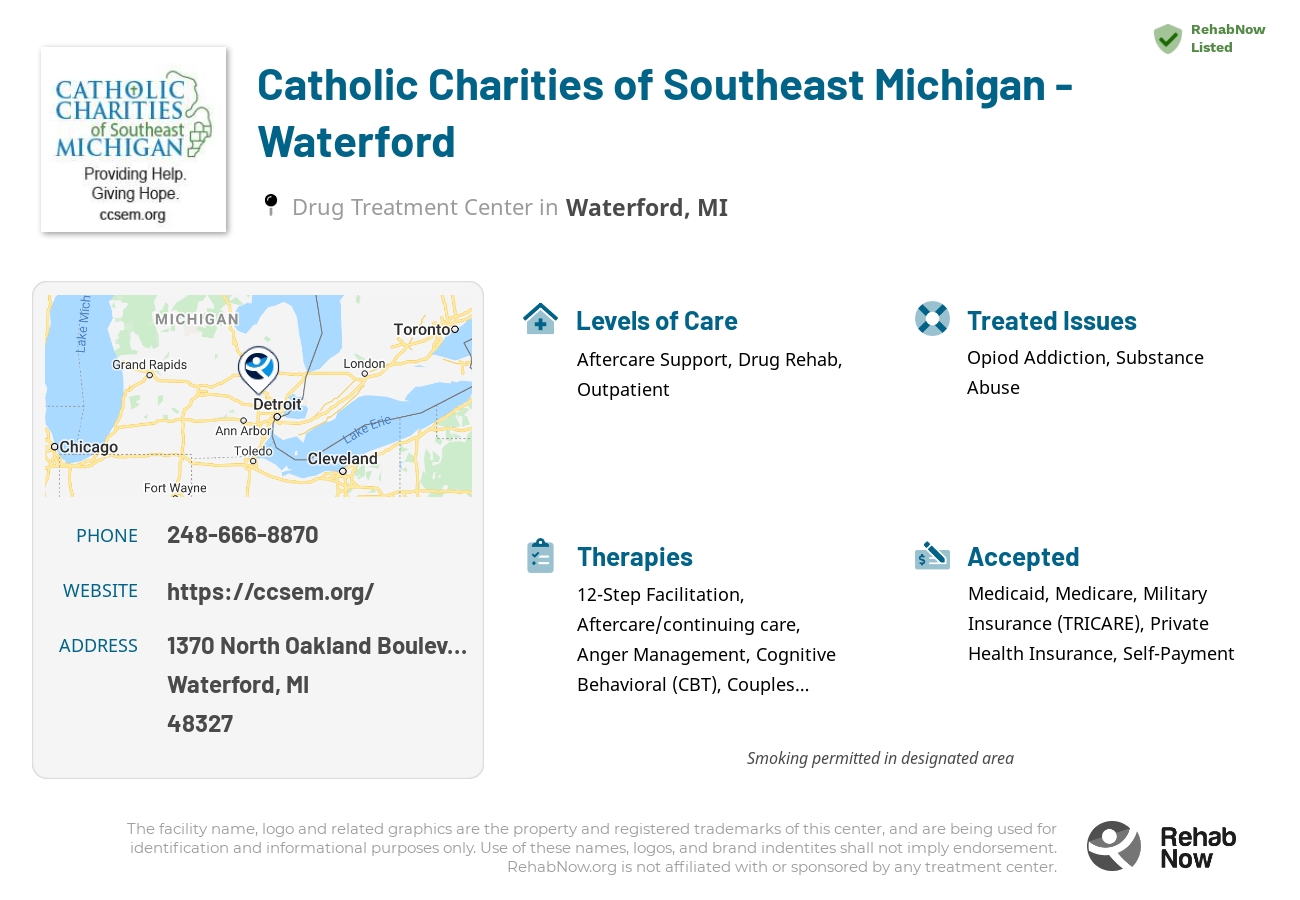 Helpful reference information for Catholic Charities of  Southeast Michigan - Waterford, a drug treatment center in Michigan located at: 1370 North Oakland Boulevard Suite 105, Waterford, MI 48327, including phone numbers, official website, and more. Listed briefly is an overview of Levels of Care, Therapies Offered, Issues Treated, and accepted forms of Payment Methods.