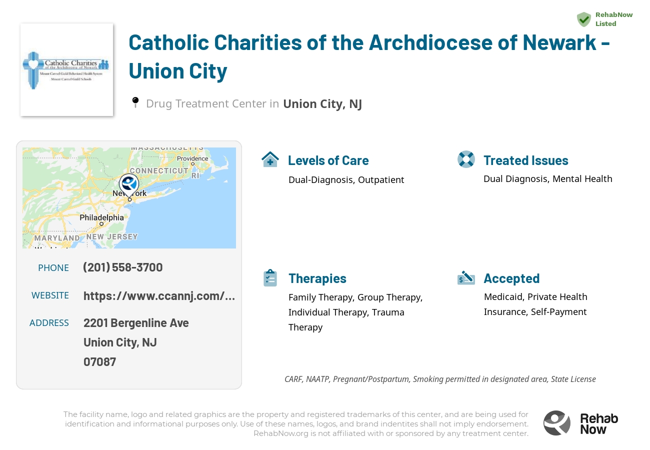 Helpful reference information for Catholic Charities of the Archdiocese of Newark - Union City, a drug treatment center in New Jersey located at: 2201 Bergenline Ave, Union City, NJ 07087, including phone numbers, official website, and more. Listed briefly is an overview of Levels of Care, Therapies Offered, Issues Treated, and accepted forms of Payment Methods.