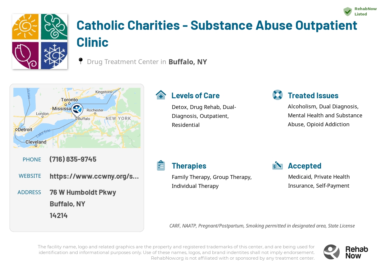 Helpful reference information for Catholic Charities - Substance Abuse Outpatient Clinic, a drug treatment center in New York located at: 76 W Humboldt Pkwy, Buffalo, NY 14214, including phone numbers, official website, and more. Listed briefly is an overview of Levels of Care, Therapies Offered, Issues Treated, and accepted forms of Payment Methods.