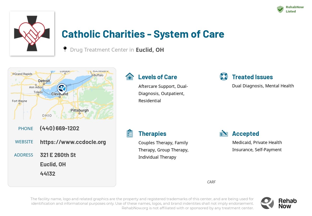 Helpful reference information for Catholic Charities - System of Care, a drug treatment center in Ohio located at: 321 E 260th St, Euclid, OH 44132, including phone numbers, official website, and more. Listed briefly is an overview of Levels of Care, Therapies Offered, Issues Treated, and accepted forms of Payment Methods.