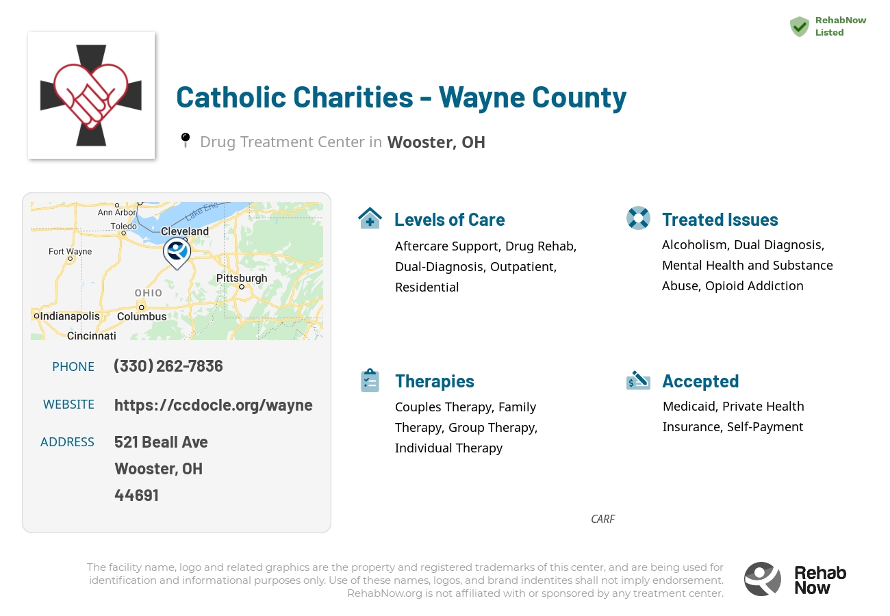 Helpful reference information for Catholic Charities - Wayne County, a drug treatment center in Ohio located at: 521 Beall Ave, Wooster, OH 44691, including phone numbers, official website, and more. Listed briefly is an overview of Levels of Care, Therapies Offered, Issues Treated, and accepted forms of Payment Methods.
