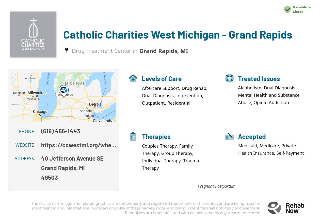 Helpful reference information for Catholic Charities West Michigan - Grand Rapids, a drug treatment center in Michigan located at: 40 Jefferson Avenue SE, Grand Rapids, MI, 49503, including phone numbers, official website, and more. Listed briefly is an overview of Levels of Care, Therapies Offered, Issues Treated, and accepted forms of Payment Methods.