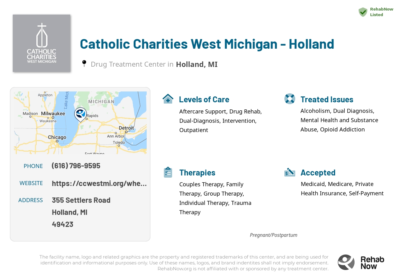 Helpful reference information for Catholic Charities West Michigan - Holland, a drug treatment center in Michigan located at: 355 Settlers Road, Holland, MI 49423, including phone numbers, official website, and more. Listed briefly is an overview of Levels of Care, Therapies Offered, Issues Treated, and accepted forms of Payment Methods.
