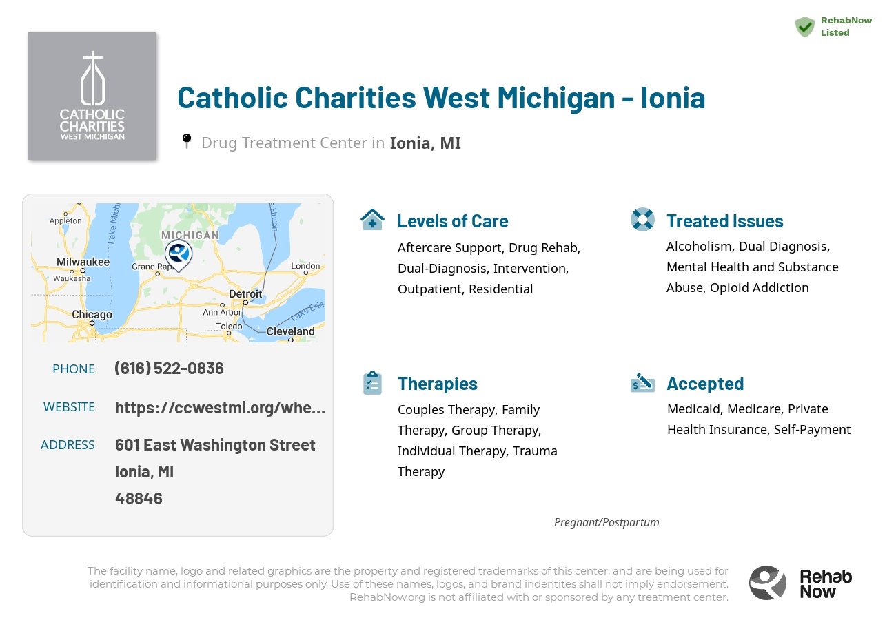Helpful reference information for Catholic Charities West Michigan - Ionia, a drug treatment center in Michigan located at: 601 East Washington Street, Ionia, MI, 48846, including phone numbers, official website, and more. Listed briefly is an overview of Levels of Care, Therapies Offered, Issues Treated, and accepted forms of Payment Methods.