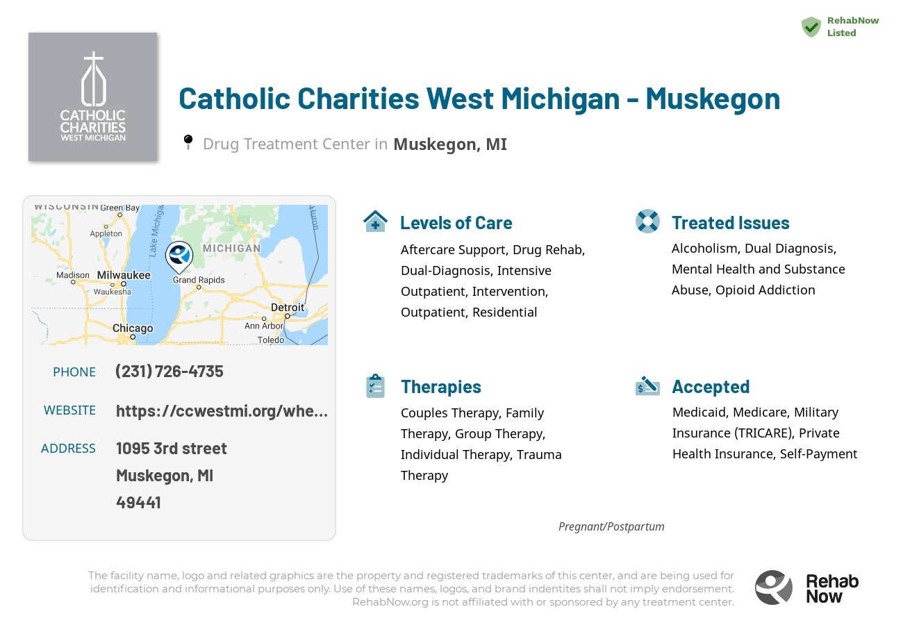 Helpful reference information for Catholic Charities West Michigan - Muskegon, a drug treatment center in Michigan located at: 1095 3rd street, Muskegon, MI, 49441, including phone numbers, official website, and more. Listed briefly is an overview of Levels of Care, Therapies Offered, Issues Treated, and accepted forms of Payment Methods.