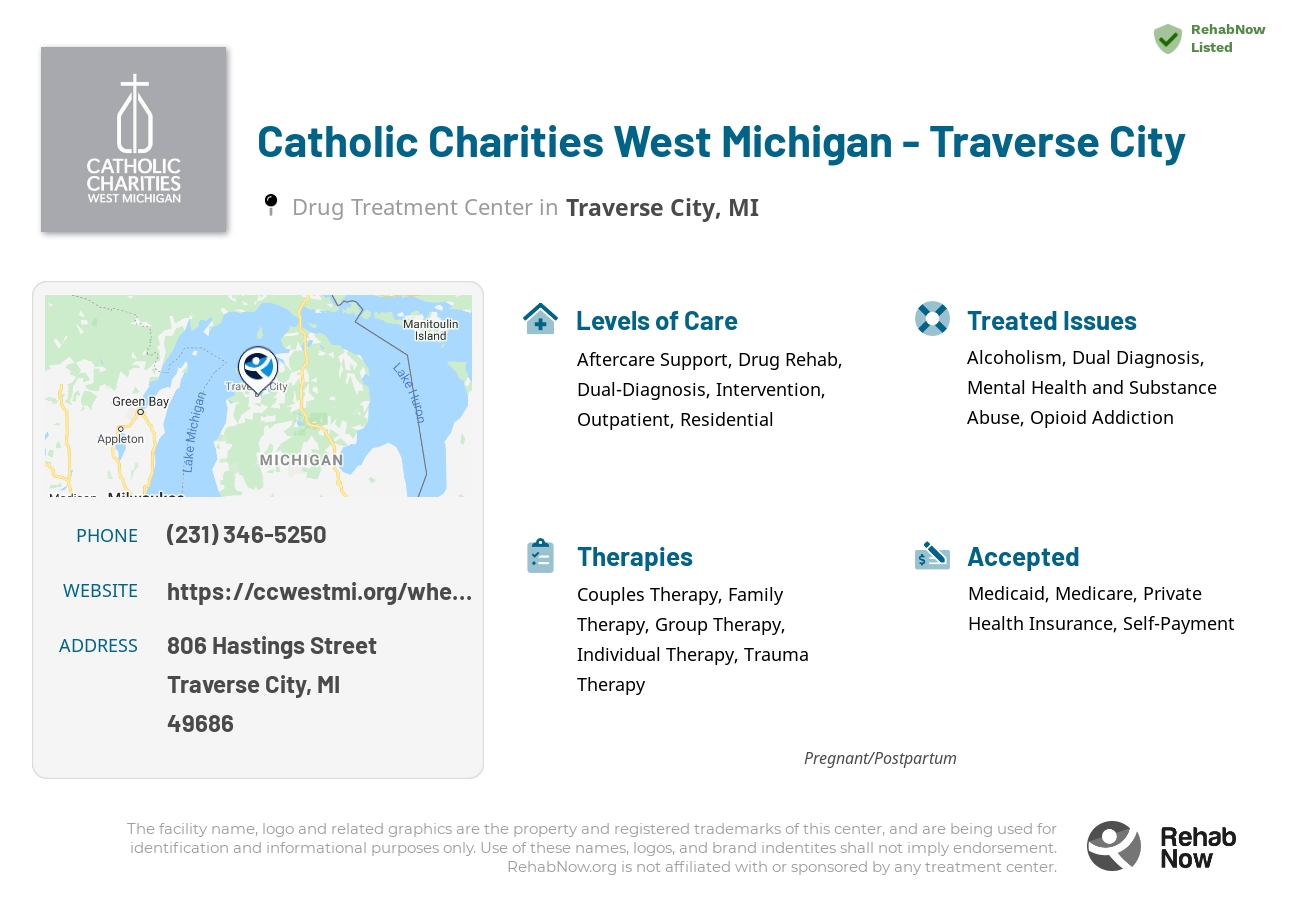 Helpful reference information for Catholic Charities West Michigan - Traverse City, a drug treatment center in Michigan located at: 806 Hastings Street, Traverse City, MI, 49686, including phone numbers, official website, and more. Listed briefly is an overview of Levels of Care, Therapies Offered, Issues Treated, and accepted forms of Payment Methods.