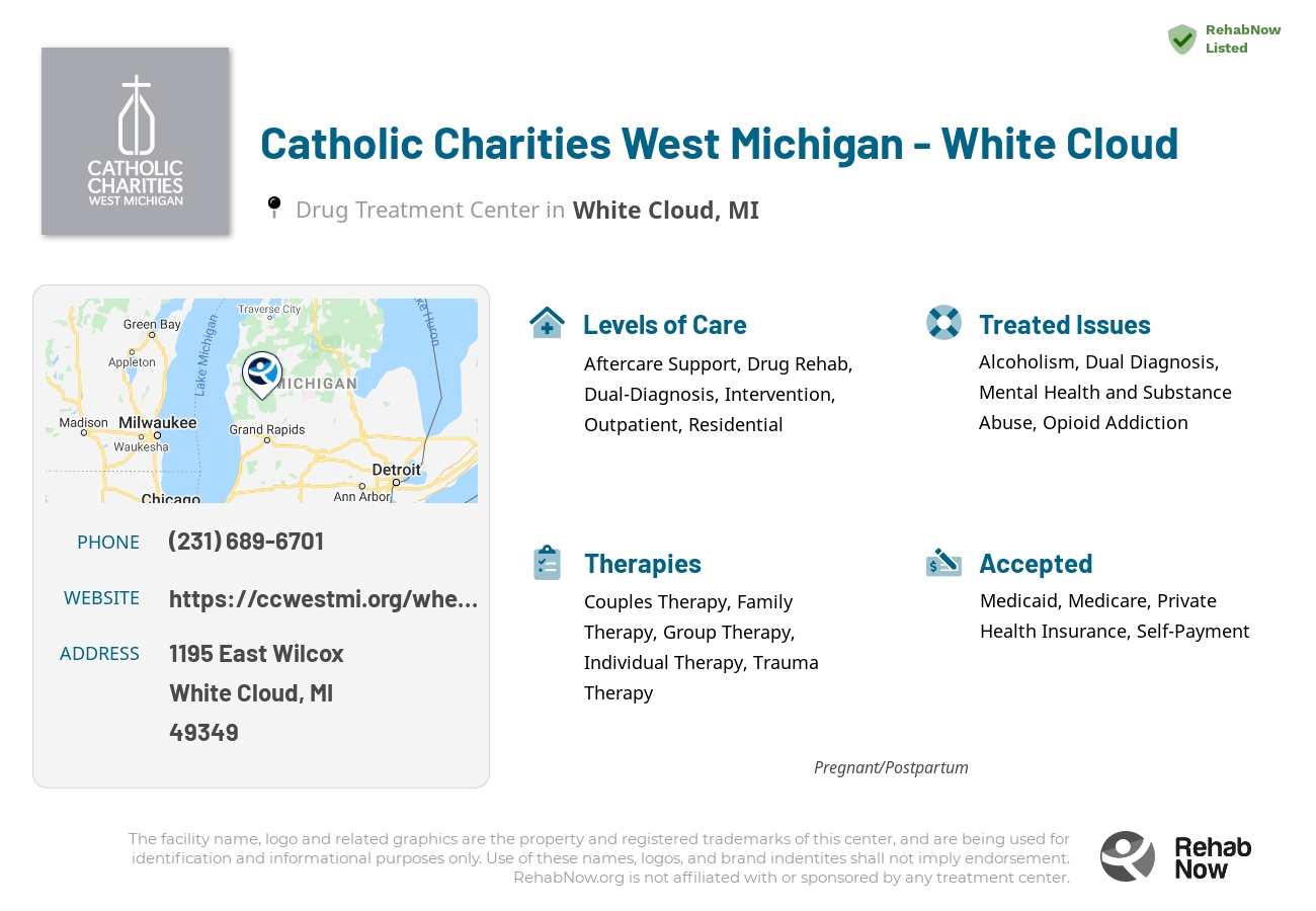 Helpful reference information for Catholic Charities West Michigan - White Cloud, a drug treatment center in Michigan located at: 1195 East Wilcox, White Cloud, MI, 49349, including phone numbers, official website, and more. Listed briefly is an overview of Levels of Care, Therapies Offered, Issues Treated, and accepted forms of Payment Methods.
