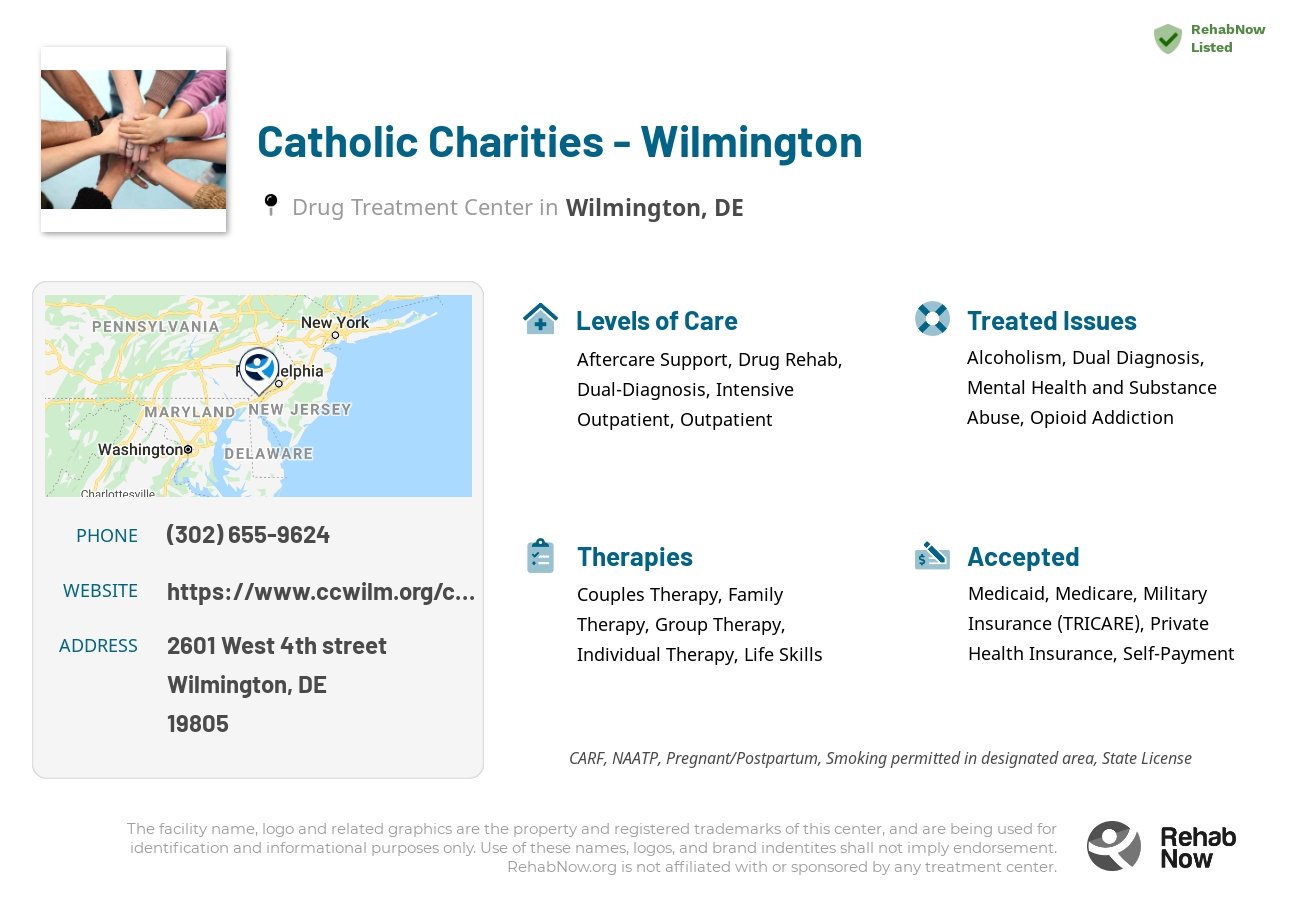 Helpful reference information for Catholic Charities - Wilmington, a drug treatment center in Delaware located at: 2601 West 4th street, Wilmington, DE, 19805, including phone numbers, official website, and more. Listed briefly is an overview of Levels of Care, Therapies Offered, Issues Treated, and accepted forms of Payment Methods.