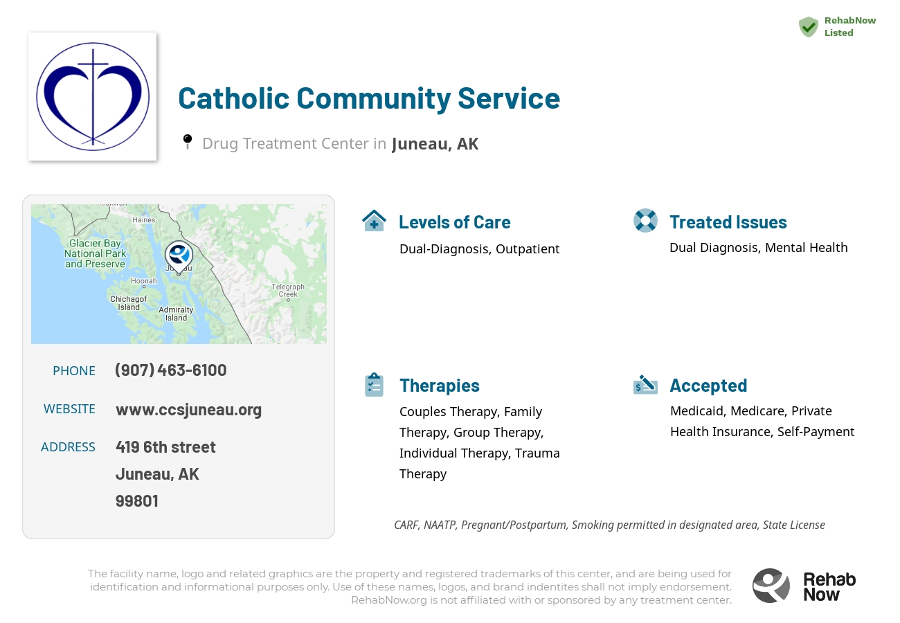 Helpful reference information for Catholic Community Service, a drug treatment center in Alaska located at: 419 6th street, Juneau, AK, 99801, including phone numbers, official website, and more. Listed briefly is an overview of Levels of Care, Therapies Offered, Issues Treated, and accepted forms of Payment Methods.