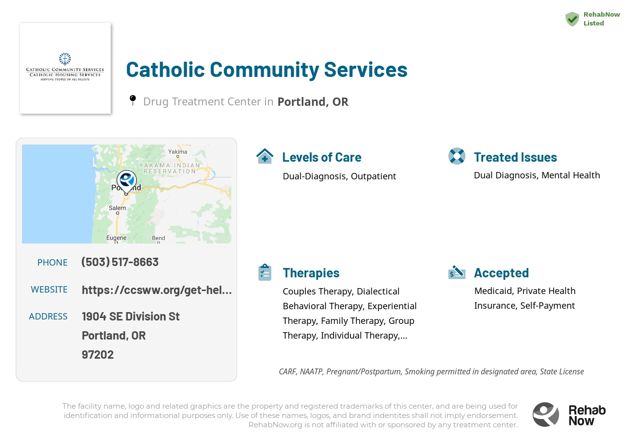 Helpful reference information for Catholic Community Services, a drug treatment center in Oregon located at: 1904 SE Division St, Portland, OR 97202, including phone numbers, official website, and more. Listed briefly is an overview of Levels of Care, Therapies Offered, Issues Treated, and accepted forms of Payment Methods.