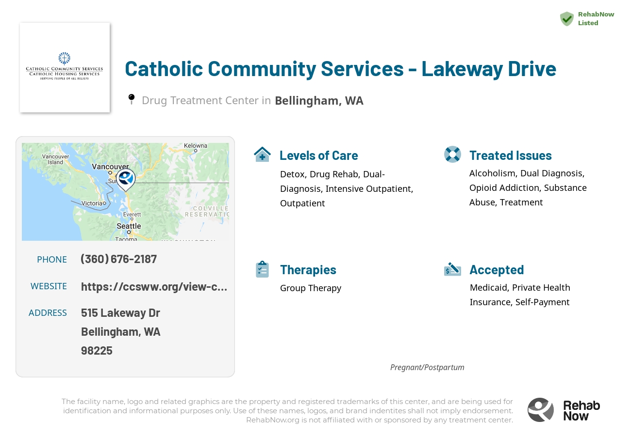 Helpful reference information for Catholic Community Services - Lakeway Drive, a drug treatment center in Washington located at: 515 Lakeway Dr, Bellingham, WA 98225, including phone numbers, official website, and more. Listed briefly is an overview of Levels of Care, Therapies Offered, Issues Treated, and accepted forms of Payment Methods.