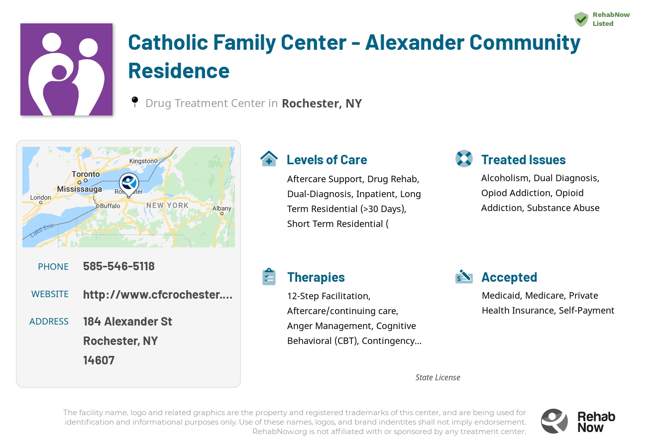Helpful reference information for Catholic Family Center - Alexander Community Residence, a drug treatment center in New York located at: 184 Alexander St, Rochester, NY 14607, including phone numbers, official website, and more. Listed briefly is an overview of Levels of Care, Therapies Offered, Issues Treated, and accepted forms of Payment Methods.