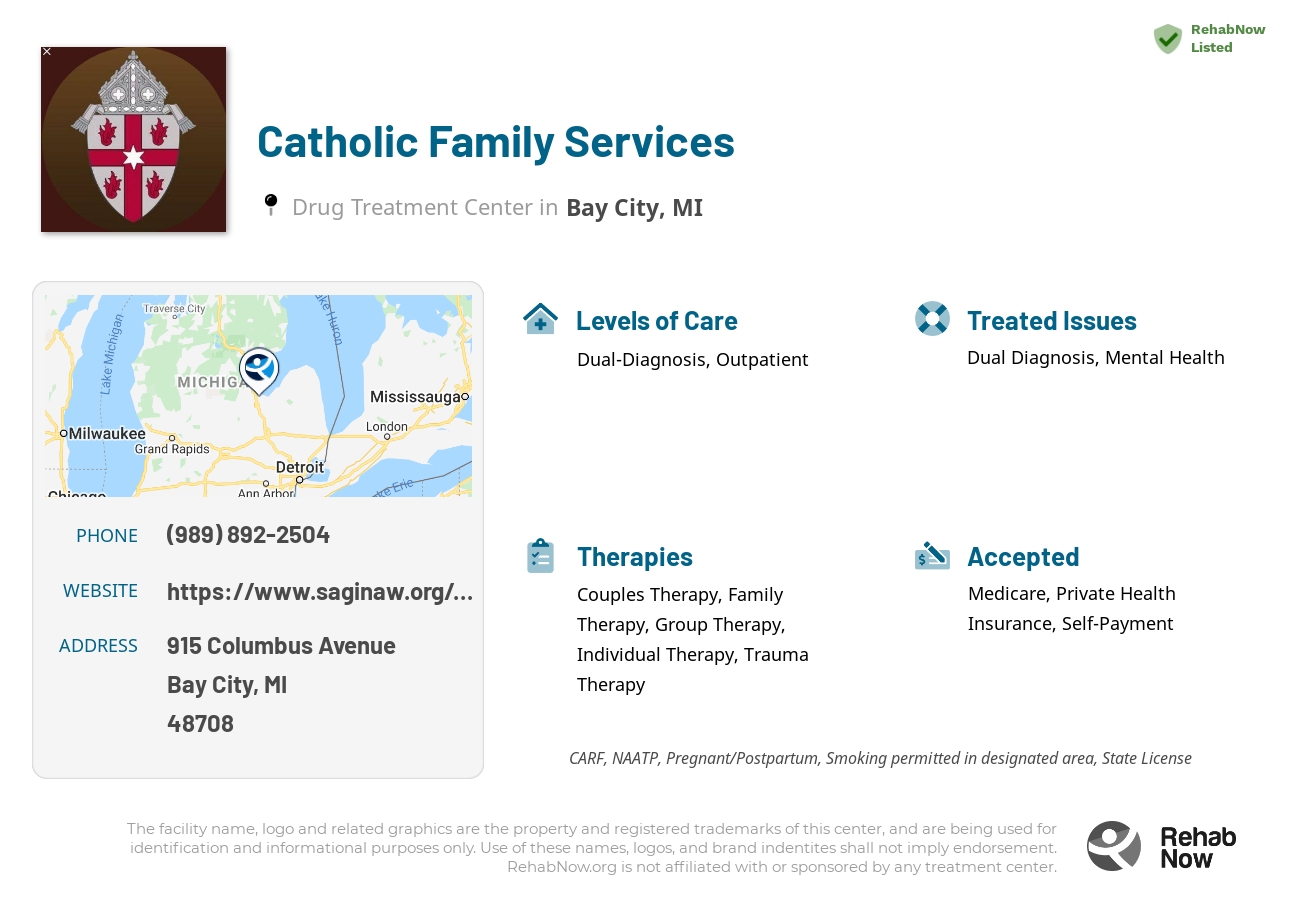 Helpful reference information for Catholic Family Services, a drug treatment center in Michigan located at: 915 915 Columbus Avenue, Bay City, MI 48708, including phone numbers, official website, and more. Listed briefly is an overview of Levels of Care, Therapies Offered, Issues Treated, and accepted forms of Payment Methods.