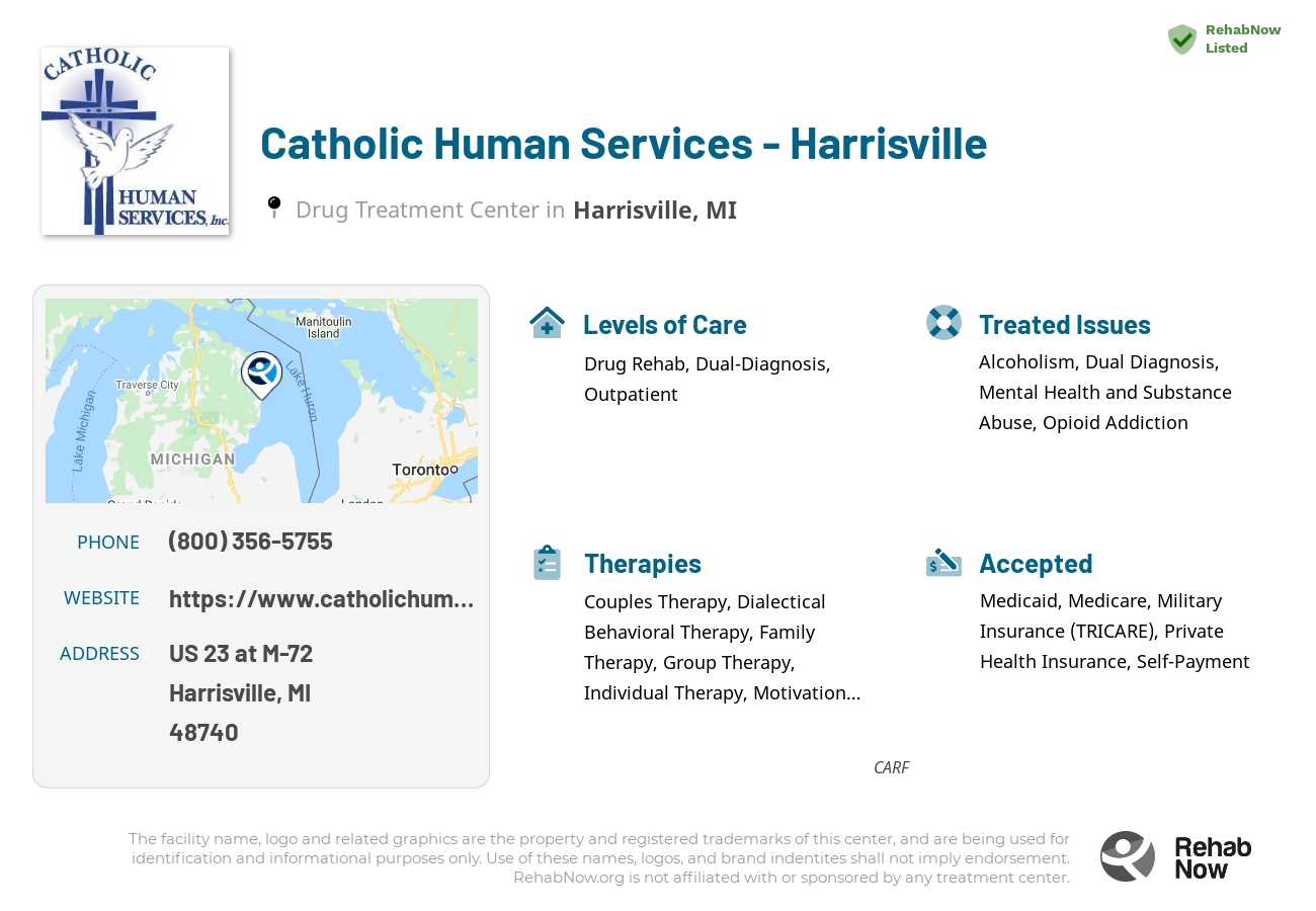 Helpful reference information for Catholic Human Services - Harrisville, a drug treatment center in Michigan located at: US 23 at M-72, Harrisville, MI, 48740, including phone numbers, official website, and more. Listed briefly is an overview of Levels of Care, Therapies Offered, Issues Treated, and accepted forms of Payment Methods.