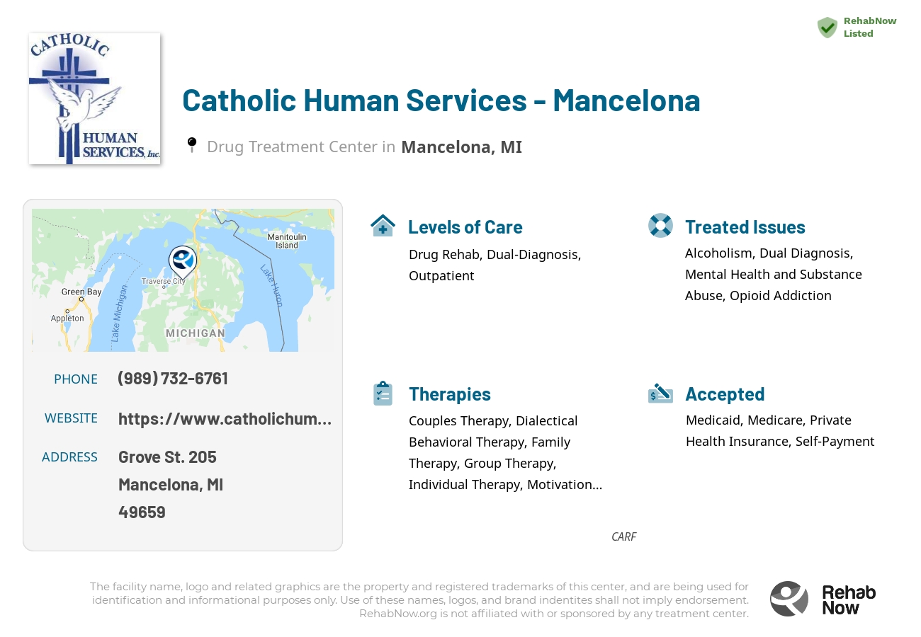 Helpful reference information for Catholic Human Services - Mancelona, a drug treatment center in Michigan located at: Grove St. 205, Mancelona, MI, 49659, including phone numbers, official website, and more. Listed briefly is an overview of Levels of Care, Therapies Offered, Issues Treated, and accepted forms of Payment Methods.