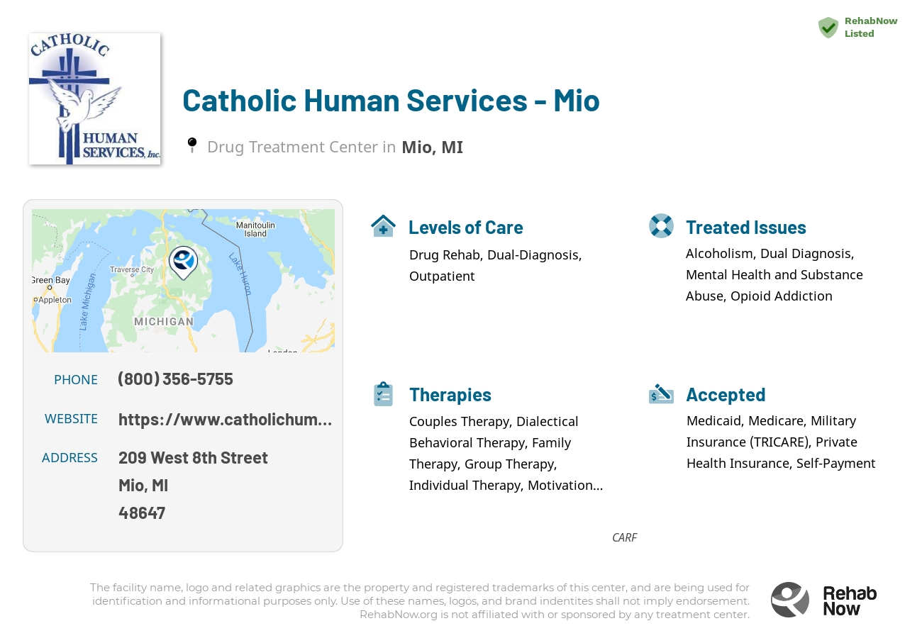 Helpful reference information for Catholic Human Services - Mio, a drug treatment center in Michigan located at: 209 West 8th Street, Mio, MI, 48647, including phone numbers, official website, and more. Listed briefly is an overview of Levels of Care, Therapies Offered, Issues Treated, and accepted forms of Payment Methods.