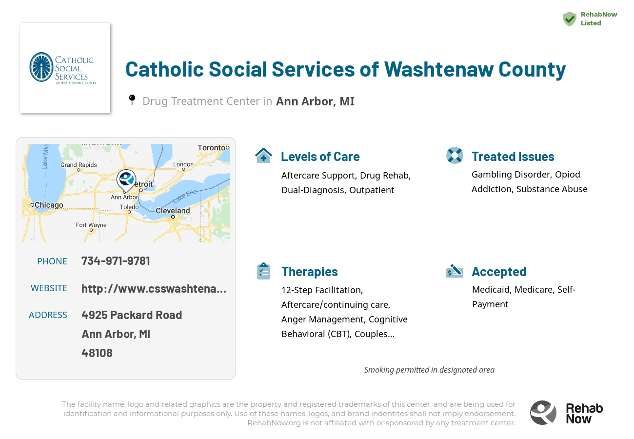 Helpful reference information for Catholic Social Services of Washtenaw County, a drug treatment center in Michigan located at: 4925 Packard Road, Ann Arbor, MI 48108, including phone numbers, official website, and more. Listed briefly is an overview of Levels of Care, Therapies Offered, Issues Treated, and accepted forms of Payment Methods.