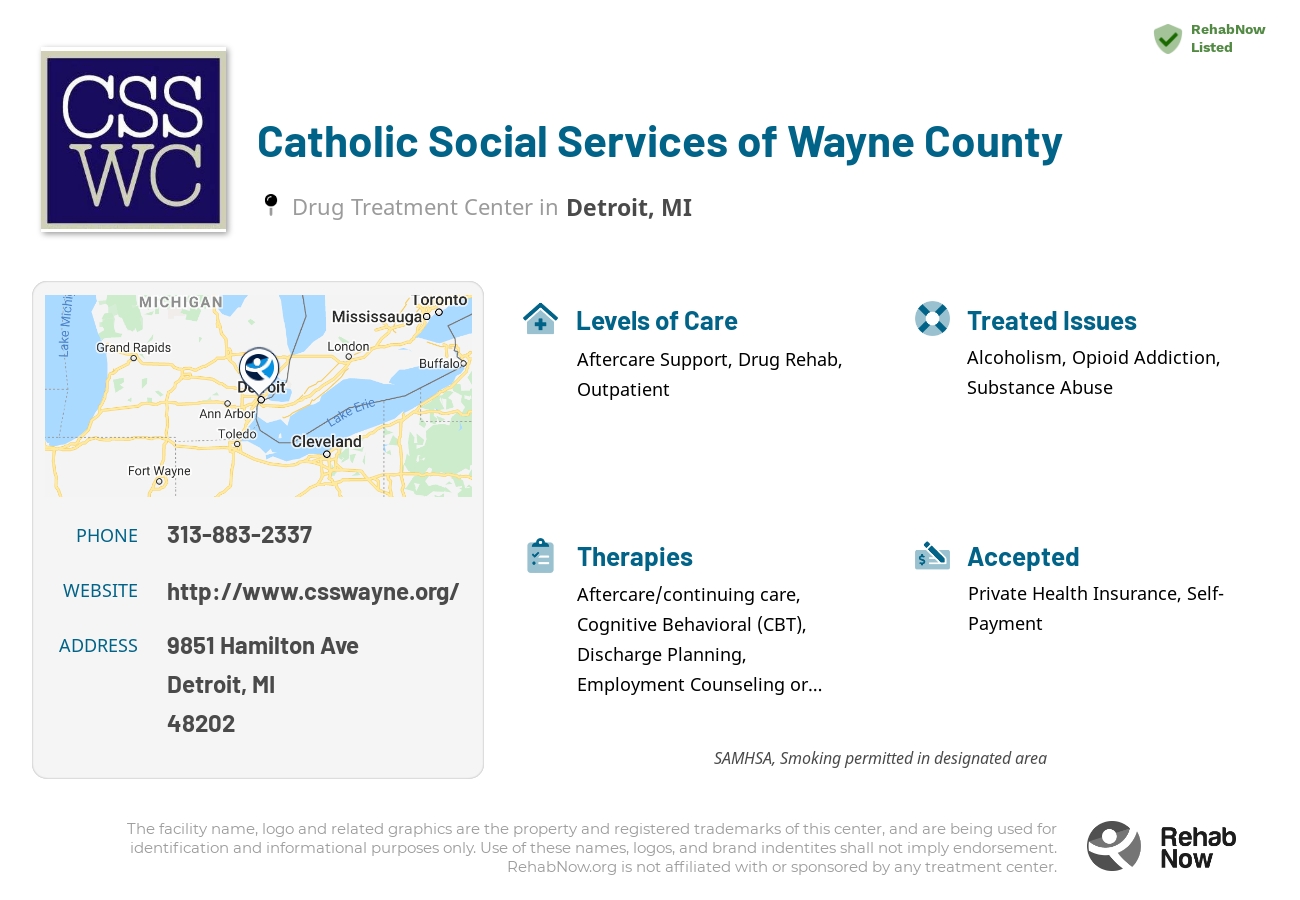 Helpful reference information for Catholic Social Services of Wayne County, a drug treatment center in Michigan located at: 9851 Hamilton Ave, Detroit, MI 48202, including phone numbers, official website, and more. Listed briefly is an overview of Levels of Care, Therapies Offered, Issues Treated, and accepted forms of Payment Methods.