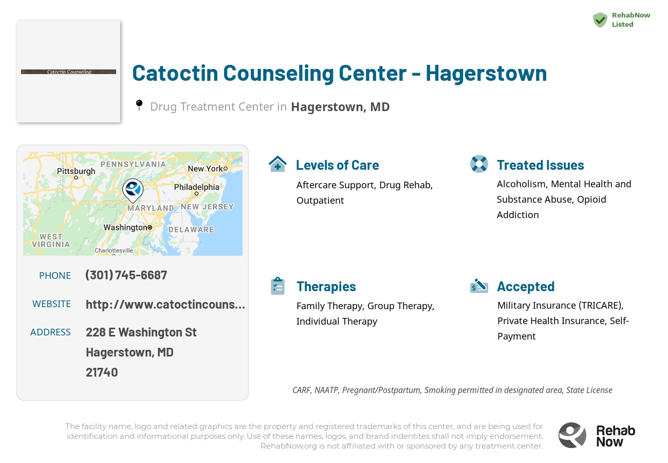 Helpful reference information for Catoctin Counseling Center - Hagerstown, a drug treatment center in Maryland located at: 228 E Washington St, Hagerstown, MD 21740, including phone numbers, official website, and more. Listed briefly is an overview of Levels of Care, Therapies Offered, Issues Treated, and accepted forms of Payment Methods.