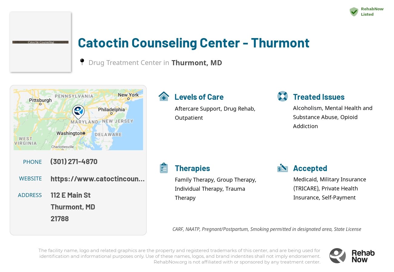 Helpful reference information for Catoctin Counseling Center - Thurmont, a drug treatment center in Maryland located at: 112 E Main St, Thurmont, MD 21788, including phone numbers, official website, and more. Listed briefly is an overview of Levels of Care, Therapies Offered, Issues Treated, and accepted forms of Payment Methods.