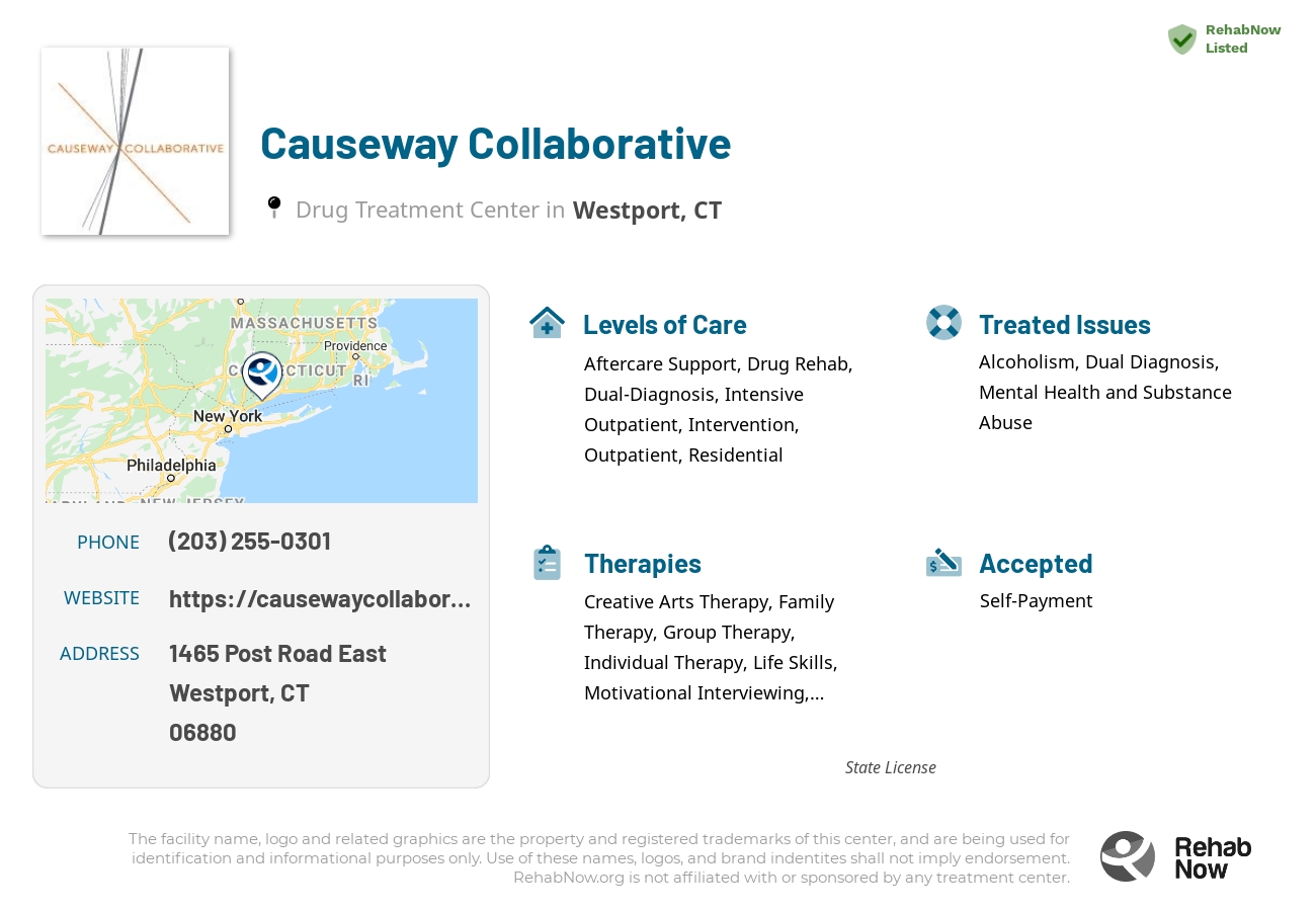 Helpful reference information for Causeway Collaborative, a drug treatment center in Connecticut located at: 1465 Post Road East, Westport, CT, 06880, including phone numbers, official website, and more. Listed briefly is an overview of Levels of Care, Therapies Offered, Issues Treated, and accepted forms of Payment Methods.