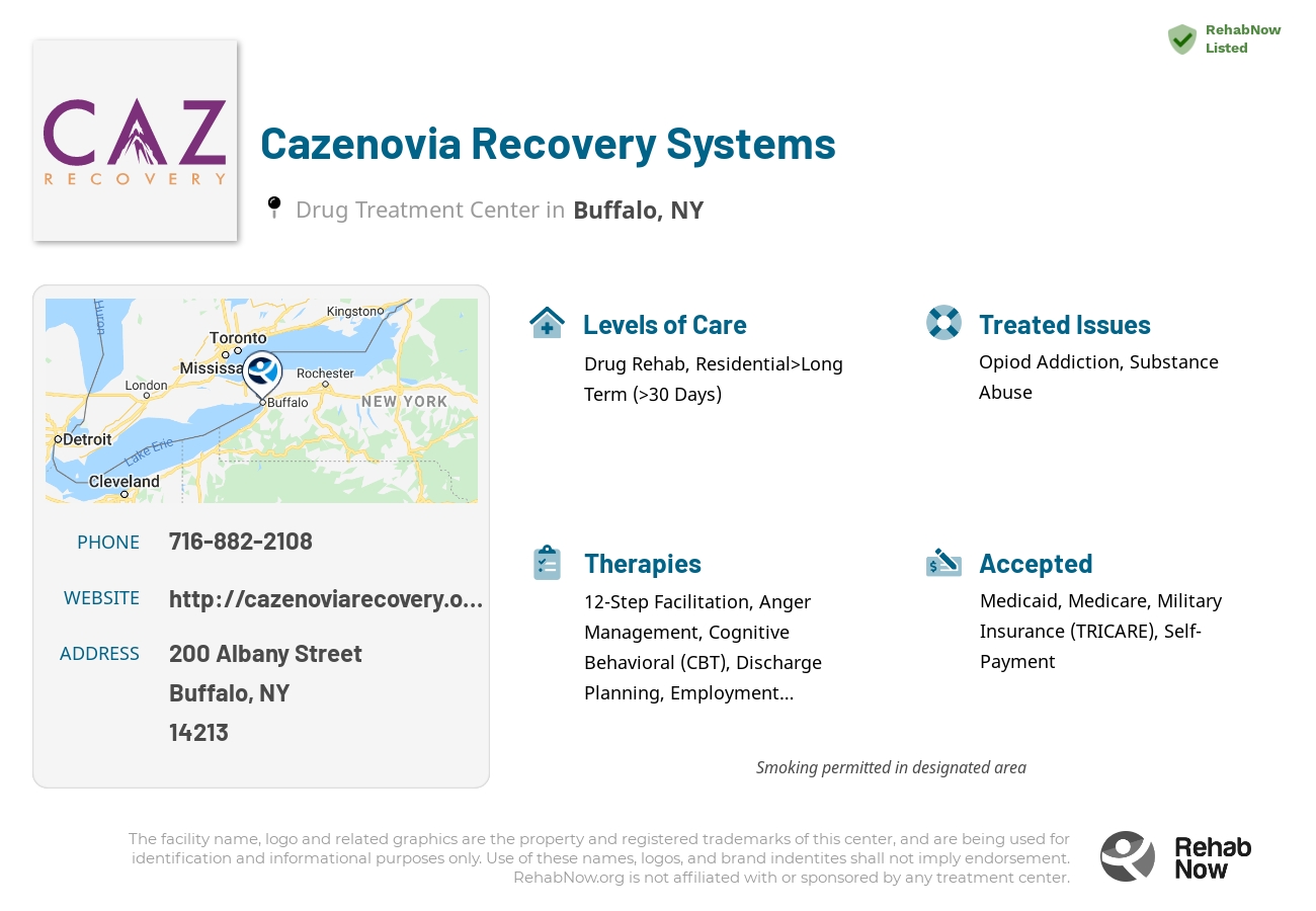 Helpful reference information for Cazenovia Recovery Systems, a drug treatment center in New York located at: 200 Albany Street, Buffalo, NY 14213, including phone numbers, official website, and more. Listed briefly is an overview of Levels of Care, Therapies Offered, Issues Treated, and accepted forms of Payment Methods.