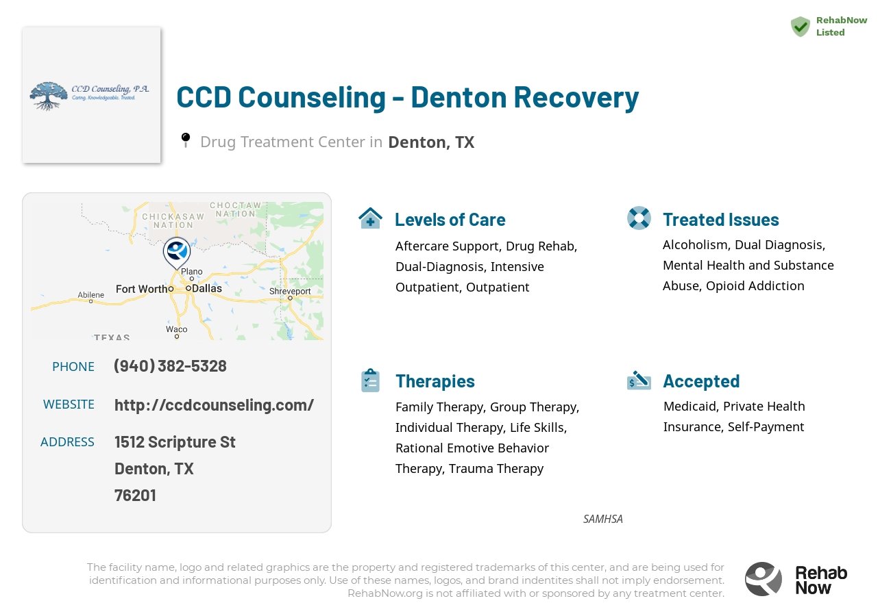 Helpful reference information for CCD Counseling - Denton Recovery, a drug treatment center in Texas located at: 1512 Scripture St, Denton, TX 76201, including phone numbers, official website, and more. Listed briefly is an overview of Levels of Care, Therapies Offered, Issues Treated, and accepted forms of Payment Methods.