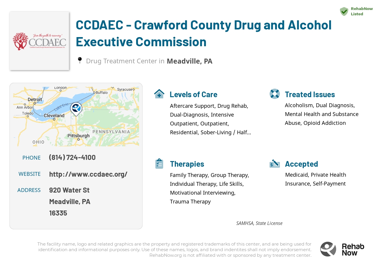 Helpful reference information for CCDAEC - Crawford County Drug and Alcohol Executive Commission, a drug treatment center in Pennsylvania located at: 920 Water St, Meadville, PA 16335, including phone numbers, official website, and more. Listed briefly is an overview of Levels of Care, Therapies Offered, Issues Treated, and accepted forms of Payment Methods.