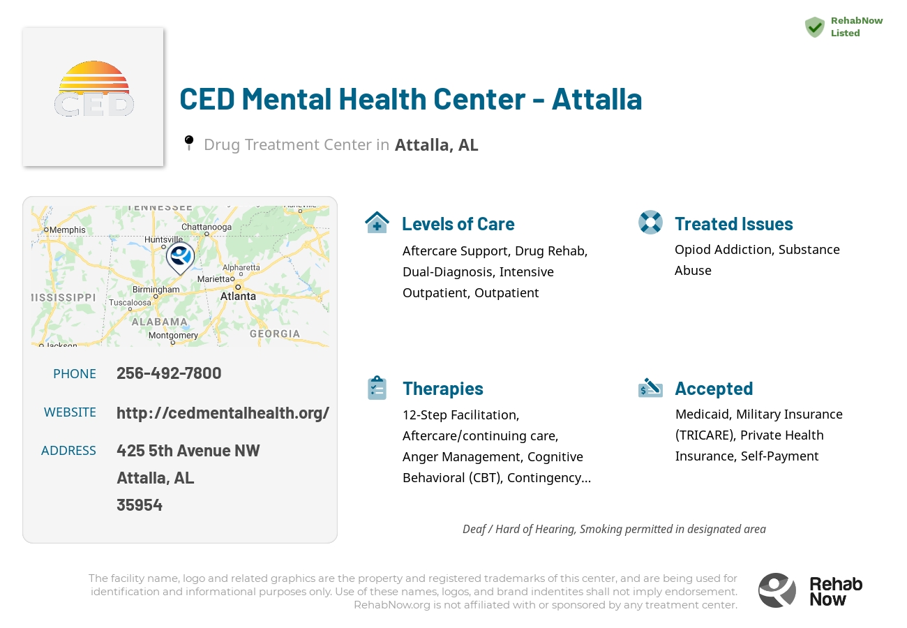 Helpful reference information for CED Mental Health Center - Attalla, a drug treatment center in Alabama located at: 425 5th Avenue NW, Attalla, AL 35954, including phone numbers, official website, and more. Listed briefly is an overview of Levels of Care, Therapies Offered, Issues Treated, and accepted forms of Payment Methods.