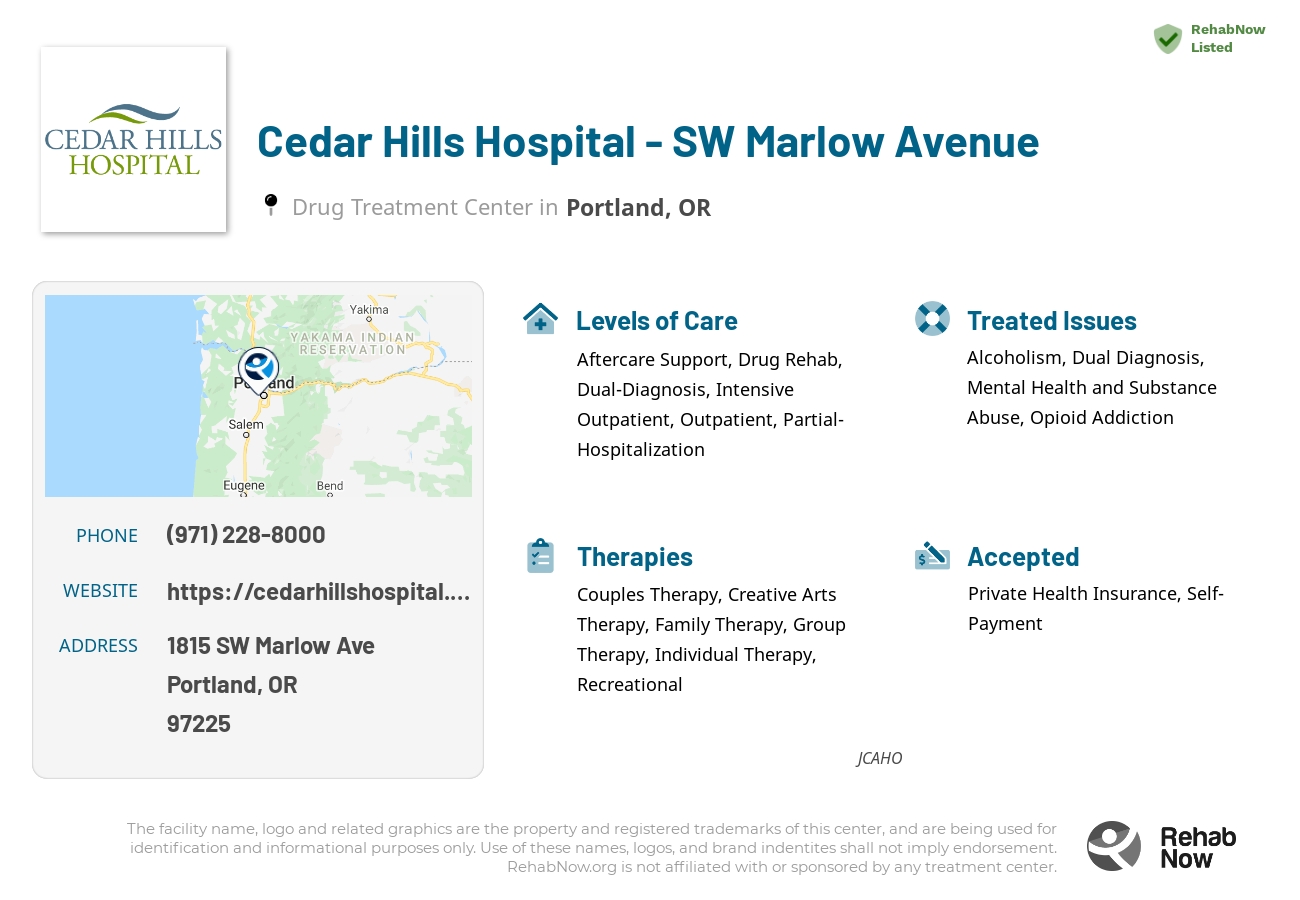 Helpful reference information for Cedar Hills Hospital - SW Marlow Avenue, a drug treatment center in Oregon located at: 1815 SW Marlow Ave, Portland, OR 97225, including phone numbers, official website, and more. Listed briefly is an overview of Levels of Care, Therapies Offered, Issues Treated, and accepted forms of Payment Methods.