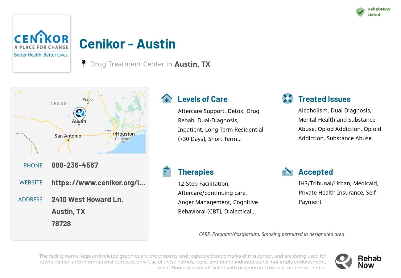 Helpful reference information for Cenikor - Austin, a drug treatment center in Texas located at: 2410 West Howard Ln., Austin, TX, 78728, including phone numbers, official website, and more. Listed briefly is an overview of Levels of Care, Therapies Offered, Issues Treated, and accepted forms of Payment Methods.