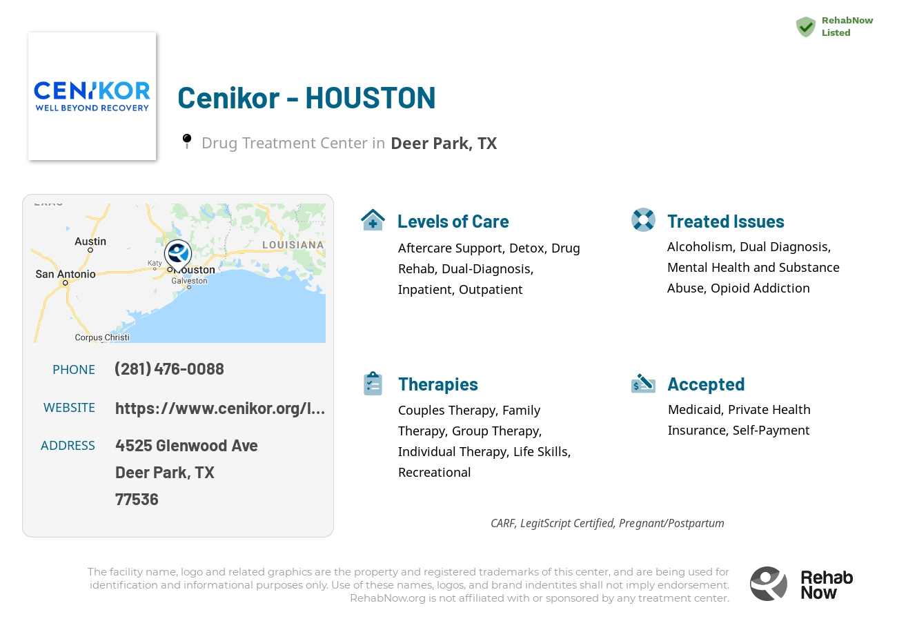 Helpful reference information for Cenikor - HOUSTON, a drug treatment center in Texas located at: 4525 Glenwood Ave, Deer Park, TX 77536, including phone numbers, official website, and more. Listed briefly is an overview of Levels of Care, Therapies Offered, Issues Treated, and accepted forms of Payment Methods.