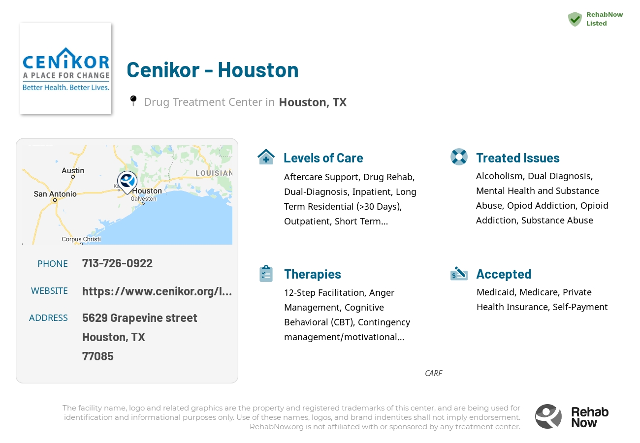 Helpful reference information for Cenikor - Houston, a drug treatment center in Texas located at: 5629 Grapevine street, Houston, TX, 77085, including phone numbers, official website, and more. Listed briefly is an overview of Levels of Care, Therapies Offered, Issues Treated, and accepted forms of Payment Methods.