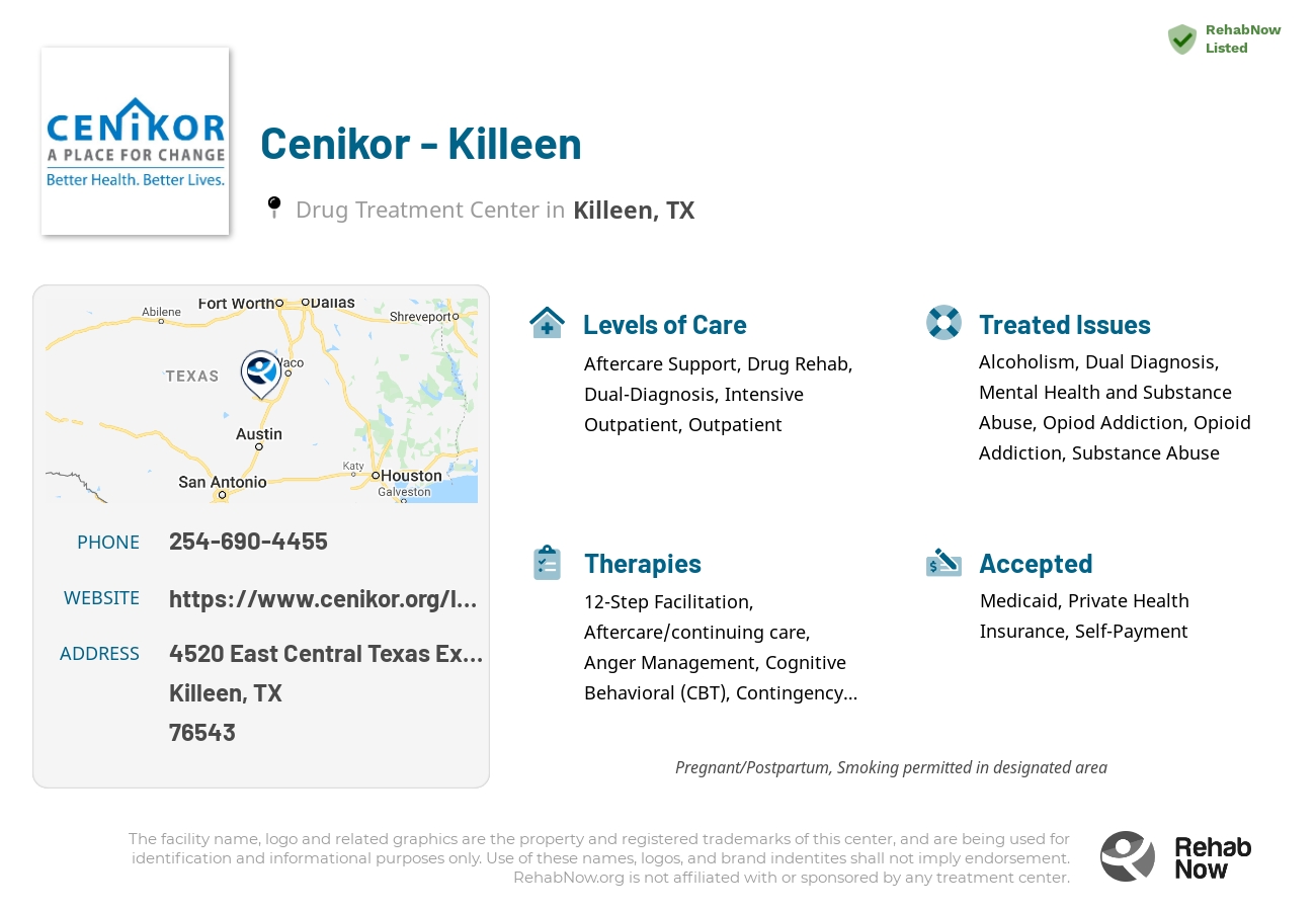 Helpful reference information for Cenikor - Killeen, a drug treatment center in Texas located at: 4520 East Central Texas Expressway, Killeen, TX, 76543, including phone numbers, official website, and more. Listed briefly is an overview of Levels of Care, Therapies Offered, Issues Treated, and accepted forms of Payment Methods.