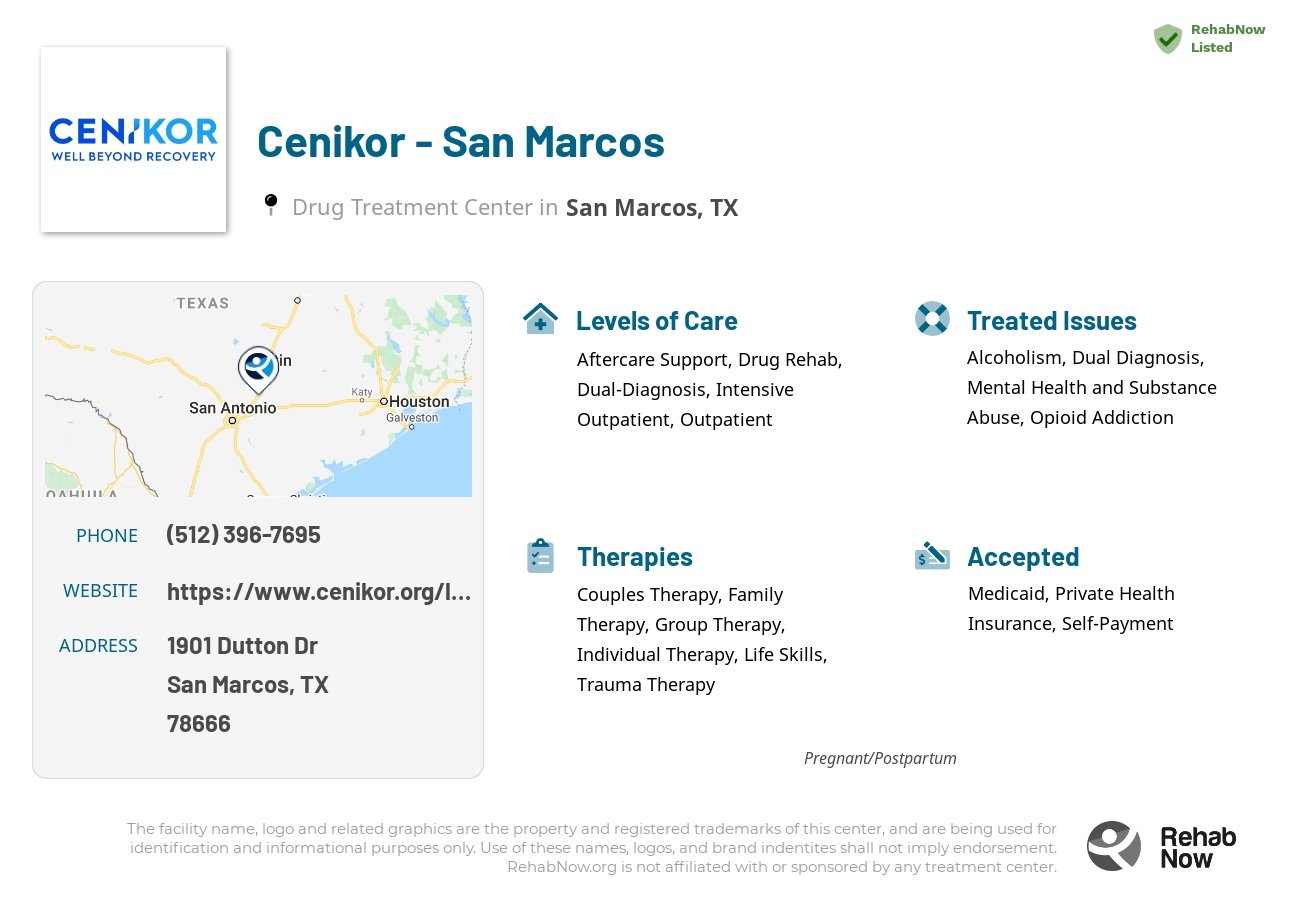 Helpful reference information for Cenikor - San Marcos, a drug treatment center in Texas located at: 1901 Dutton Dr, San Marcos, TX 78666, including phone numbers, official website, and more. Listed briefly is an overview of Levels of Care, Therapies Offered, Issues Treated, and accepted forms of Payment Methods.