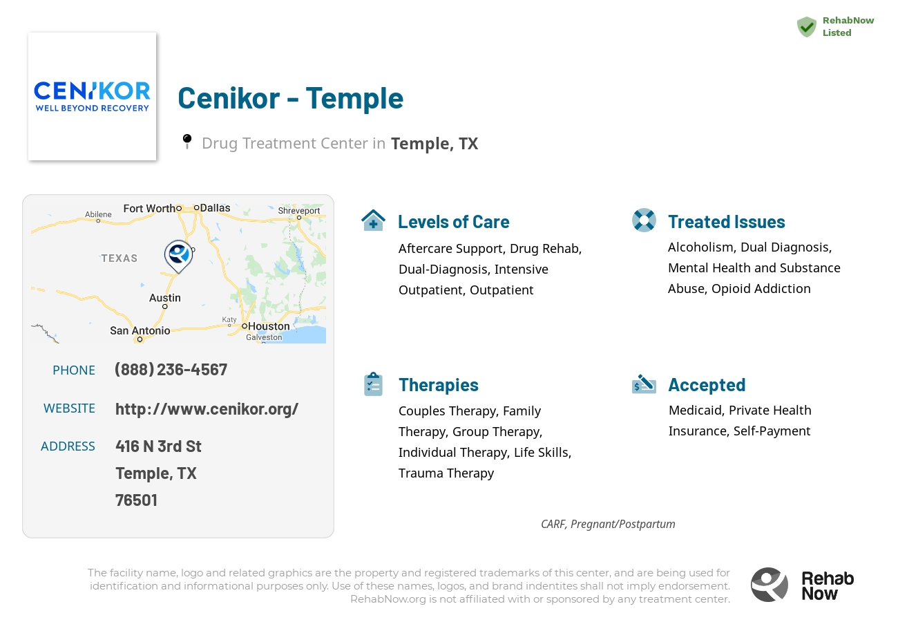 Helpful reference information for Cenikor - Temple, a drug treatment center in Texas located at: 416 N 3rd St, Temple, TX 76501, including phone numbers, official website, and more. Listed briefly is an overview of Levels of Care, Therapies Offered, Issues Treated, and accepted forms of Payment Methods.