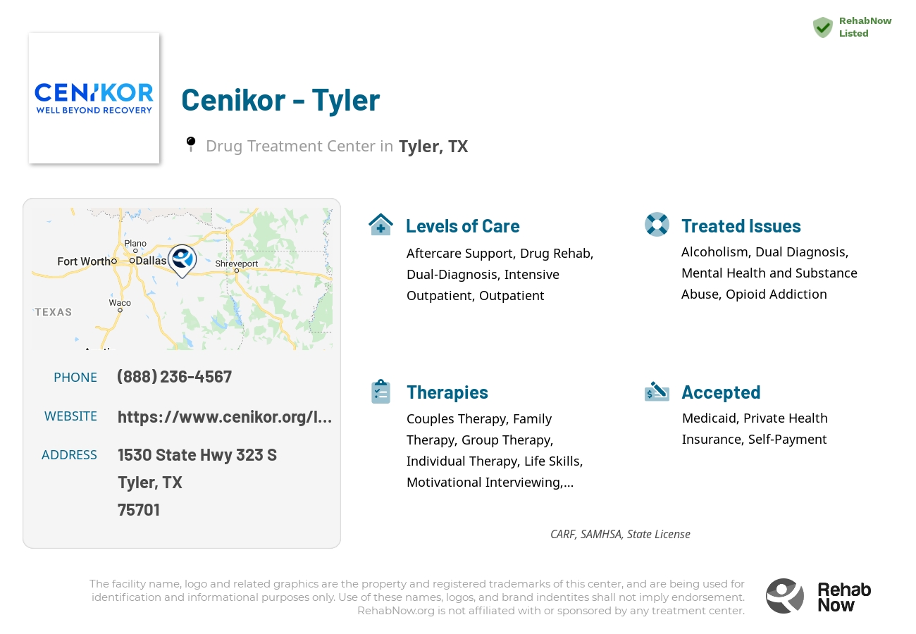 Helpful reference information for Cenikor - Tyler, a drug treatment center in Texas located at: 1530 State Hwy 323 S, Tyler, TX 75701, including phone numbers, official website, and more. Listed briefly is an overview of Levels of Care, Therapies Offered, Issues Treated, and accepted forms of Payment Methods.