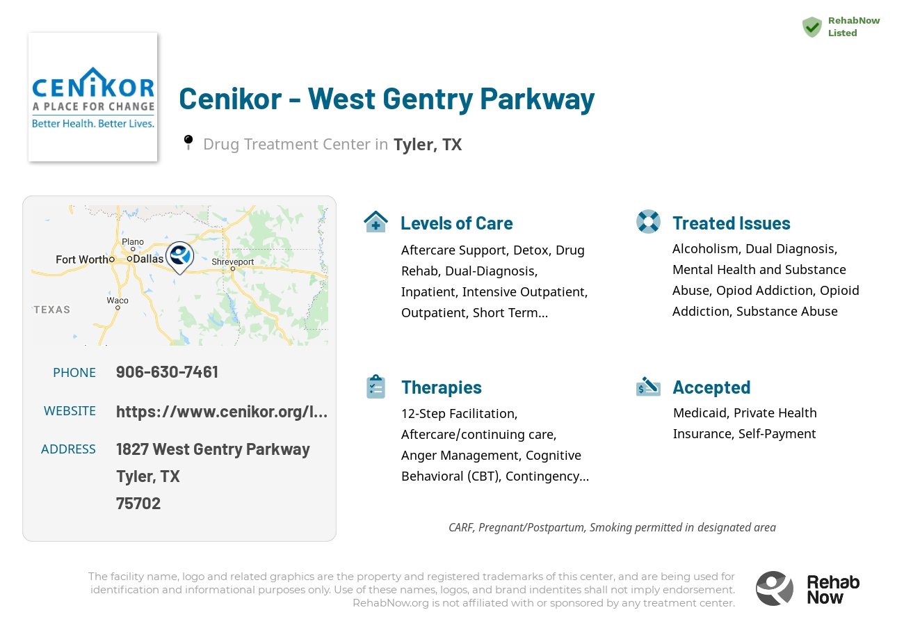 Helpful reference information for Cenikor - West Gentry Parkway, a drug treatment center in Texas located at: 1827 West Gentry Parkway, Tyler, TX, 75702, including phone numbers, official website, and more. Listed briefly is an overview of Levels of Care, Therapies Offered, Issues Treated, and accepted forms of Payment Methods.