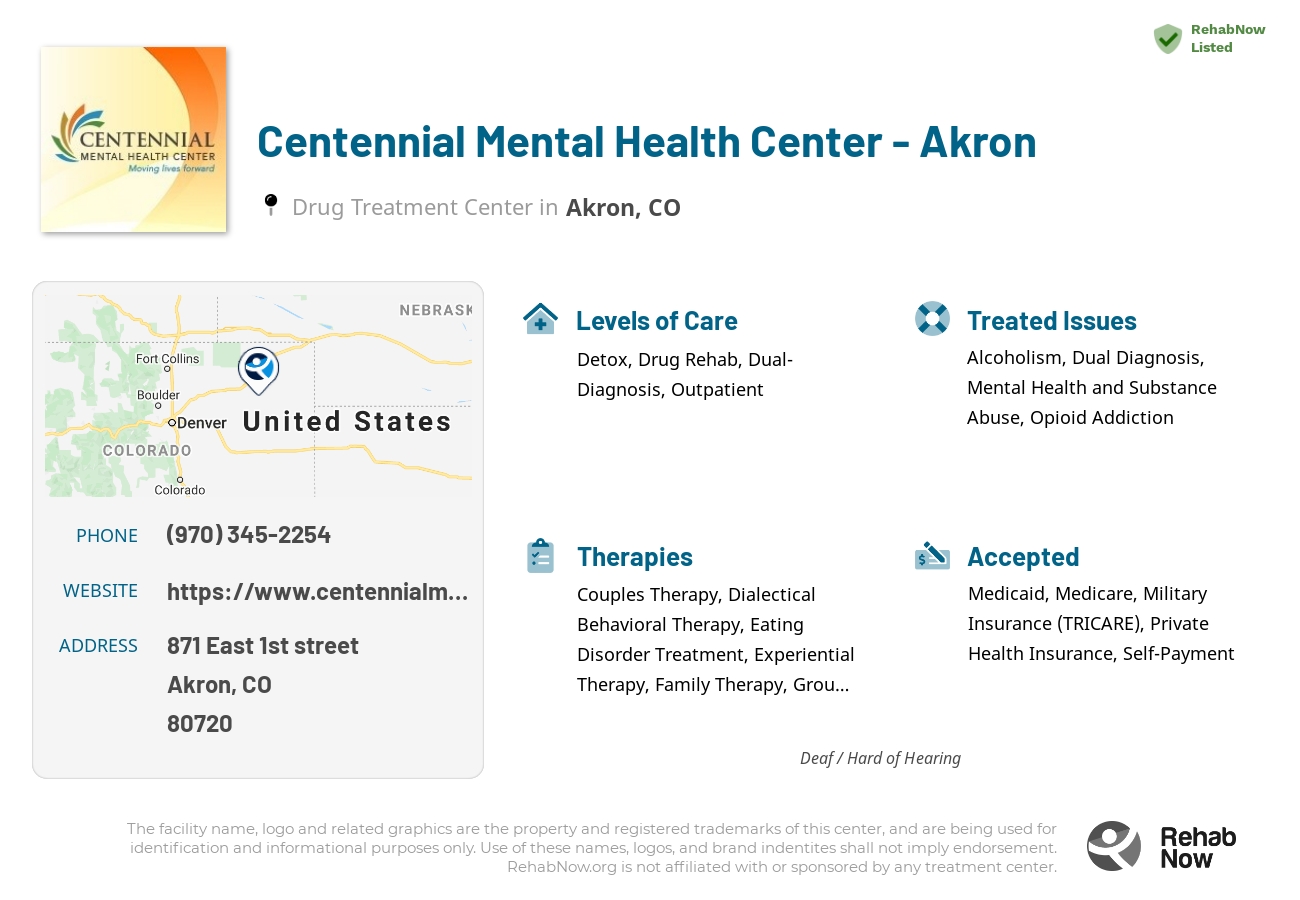 Helpful reference information for Centennial Mental Health Center - Akron, a drug treatment center in Colorado located at: 871 East 1st street, Akron, CO, 80720, including phone numbers, official website, and more. Listed briefly is an overview of Levels of Care, Therapies Offered, Issues Treated, and accepted forms of Payment Methods.
