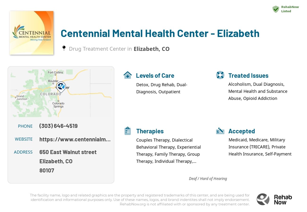 Helpful reference information for Centennial Mental Health Center - Elizabeth, a drug treatment center in Colorado located at: 650 East Walnut street, Elizabeth, CO, 80107, including phone numbers, official website, and more. Listed briefly is an overview of Levels of Care, Therapies Offered, Issues Treated, and accepted forms of Payment Methods.