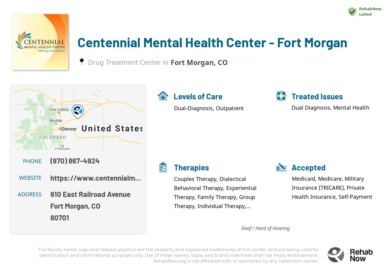 Helpful reference information for Centennial Mental Health Center - Fort Morgan, a drug treatment center in Colorado located at: 910 910 East Railroad Avenue, Fort Morgan, CO 80701, including phone numbers, official website, and more. Listed briefly is an overview of Levels of Care, Therapies Offered, Issues Treated, and accepted forms of Payment Methods.