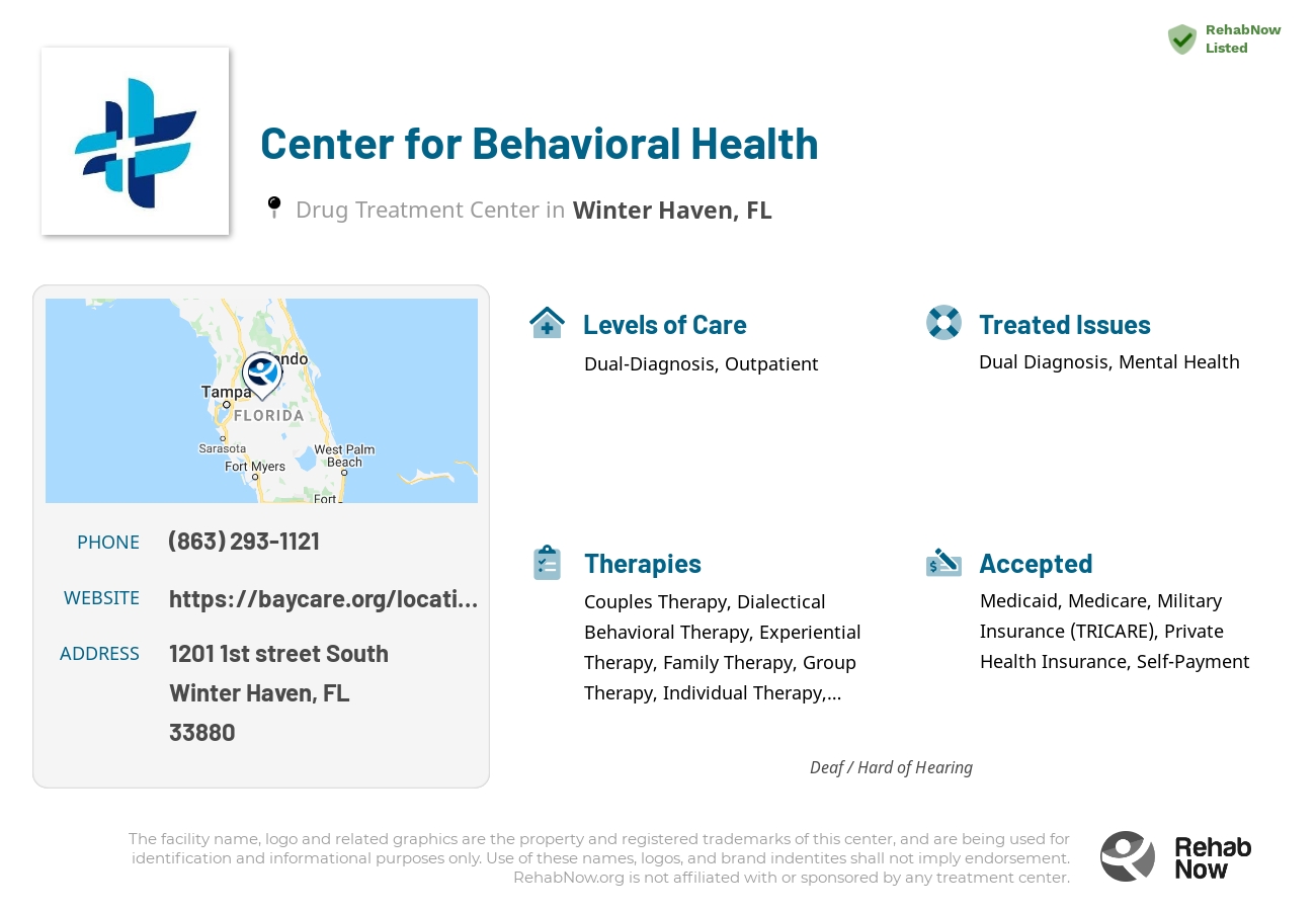 Helpful reference information for Center for Behavioral Health, a drug treatment center in Florida located at: 1201 1st street South, Winter Haven, FL, 33880, including phone numbers, official website, and more. Listed briefly is an overview of Levels of Care, Therapies Offered, Issues Treated, and accepted forms of Payment Methods.