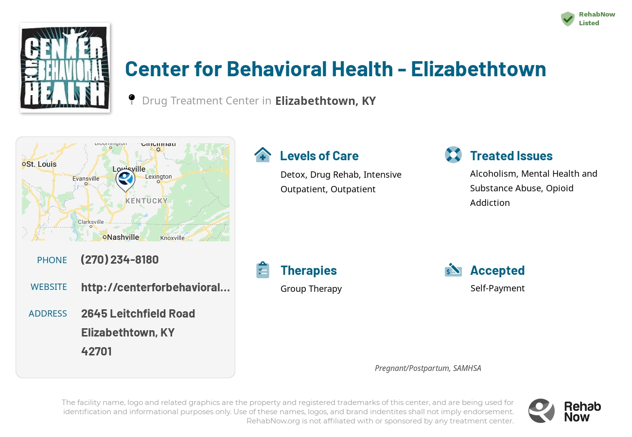 Helpful reference information for Center for Behavioral Health - Elizabethtown, a drug treatment center in Kentucky located at: 2645 Leitchfield Road, Elizabethtown, KY, 42701, including phone numbers, official website, and more. Listed briefly is an overview of Levels of Care, Therapies Offered, Issues Treated, and accepted forms of Payment Methods.