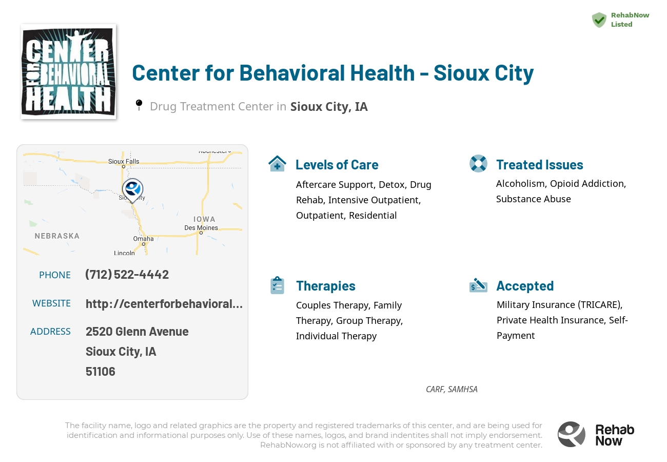 Helpful reference information for Center for Behavioral Health - Sioux City, a drug treatment center in Iowa located at: 2520 Glenn Avenue, Sioux City, IA, 51106, including phone numbers, official website, and more. Listed briefly is an overview of Levels of Care, Therapies Offered, Issues Treated, and accepted forms of Payment Methods.