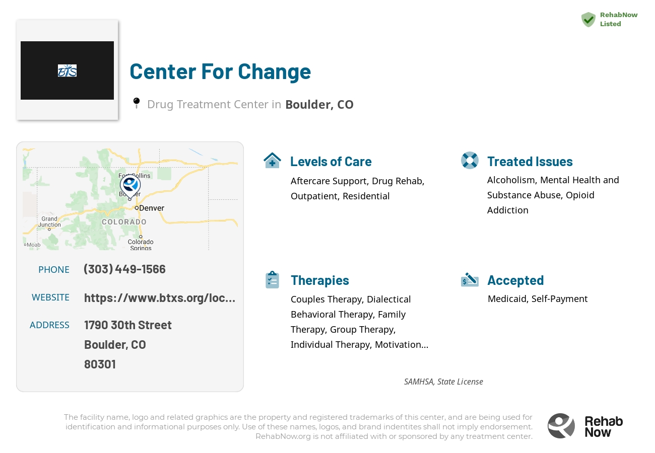 Helpful reference information for Center For Change, a drug treatment center in Colorado located at: 1790 30th Street, Boulder, CO, 80301, including phone numbers, official website, and more. Listed briefly is an overview of Levels of Care, Therapies Offered, Issues Treated, and accepted forms of Payment Methods.